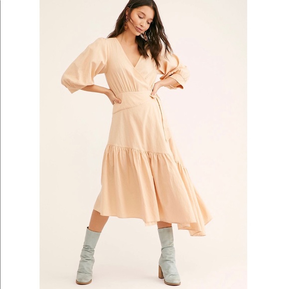 Free People Cotton Linen Wrap Peach Midi Dress - Picture 2 of 5